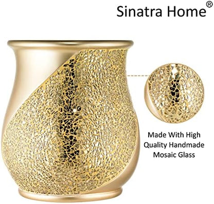Zahari Home 2pc Sinatra Modern Bath Accessories Set Waste Basket & Tissue Box Champagne Gold Modern Decorative Beautiful Designs Bathroom Decor Set for Home Luxury Bath Set Mosaic Glass