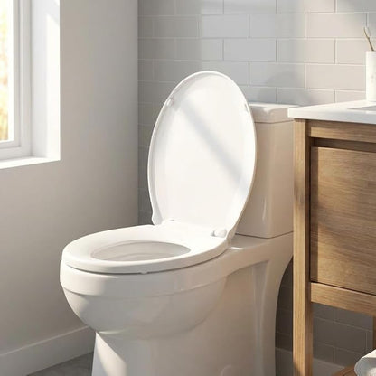 17" Round Toilet Seat with Quiet Close, Biscuit Color Polypropylene and Never-Loosen Durable Design, Easy Installation and Maintenance
