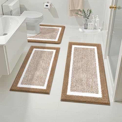 Pauwer 3 Piece Bathroom Rug Set, Non Slip Washable Bath Mat, Khaki