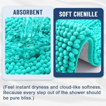 Grandaily Chenille Striped Bathroom Rugs 59x24, Extra Thick and Soft Absorbent Bath Mats, Rubber Backing, Plush Shaggy Shower Carpet, Machine Wash Dry, Bath Rug for Bathroom, Turquoise