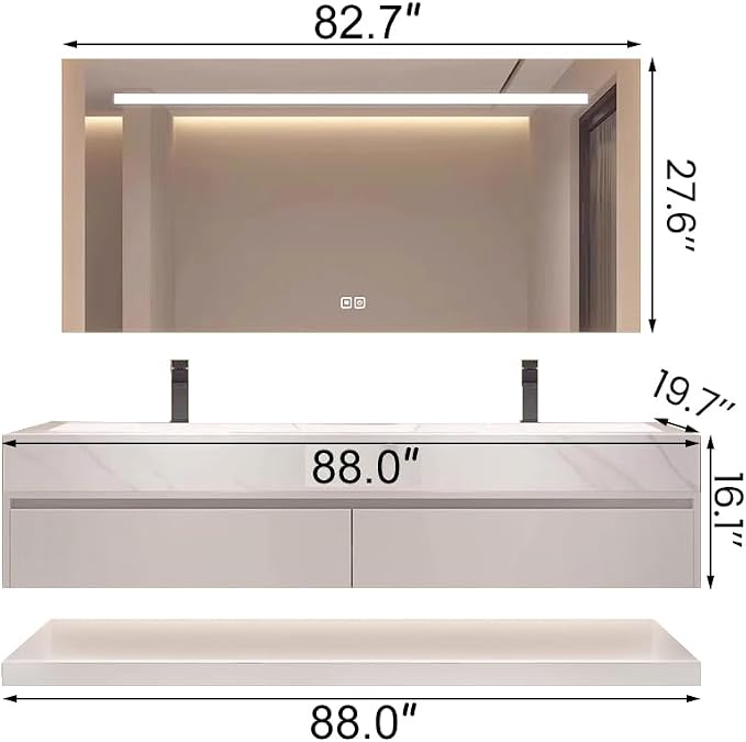 88" Bathroom Vanity with Sink, Double Sink Bathroom Vanity with Smart LED Defog Mirror Cabinet, Ceramic Sink Waterproof Wall Mounted Floating, Soft Closing, Fully Pre-Assembled, Ample Storage