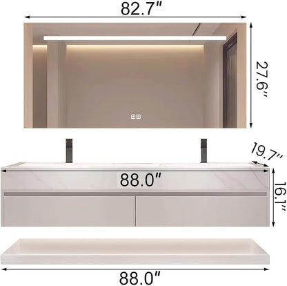 88" Bathroom Vanity with Sink, Double Sink Bathroom Vanity with Smart LED Defog Mirror Cabinet, Ceramic Sink Waterproof Wall Mounted Floating, Soft Closing, Fully Pre-Assembled, Ample Storage