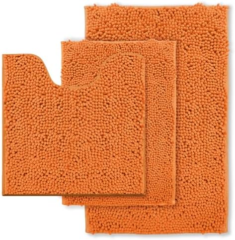 RUN HELIX Bathroom Rugs 3 Pieces Orange Bath Rugs Fall Shower Rugs with U-Shaped Contour Toilet Mat Absorbent Chenille Plush Bath Mats Non Slip Bath Rugs Bathroom Floor Mats Bath Mat Living Rug Set