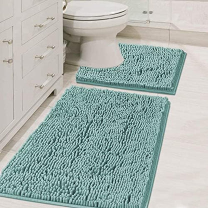 H.VERSAILTEX Original Shaggy Chenille 2 Piece Bath Rug Set, 20x20 Square U-Shape Contoured Toilet Mat & 32x20 Carpet Rug, Machine Wash/Dry Mats, Soft, Plush Rugs for Tub Shower (Eggshell Blue)