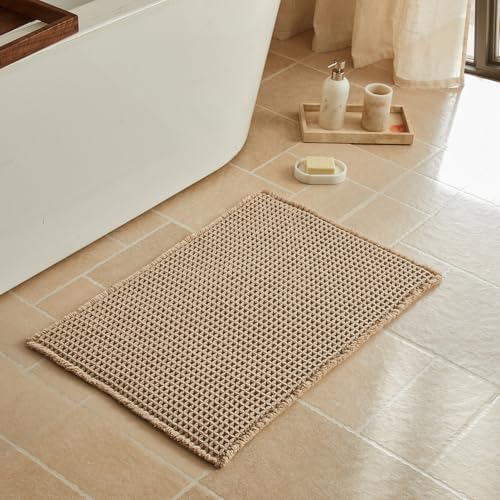 Triohero Waffle Bath Mat, Boho Bathroom Rugs Non Slip, 20x30 Beige