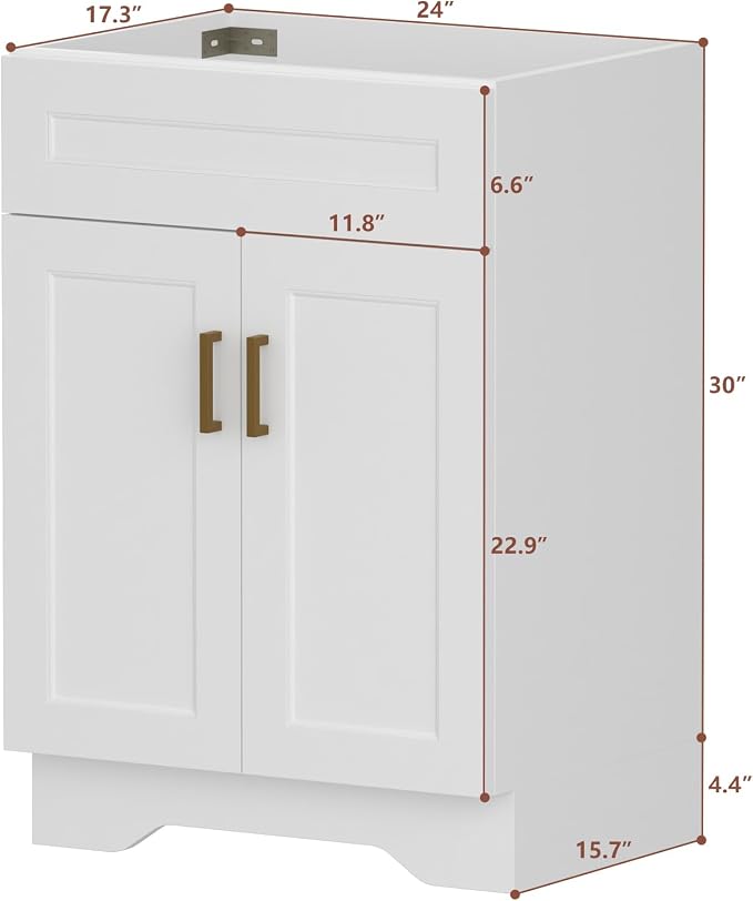 24 Inch Bathroom Vanity, Wooden Double Door Bathroom Storage Cabinet, Freestanding Cabinet Vanity Without Sink (White Without Sink, 24")