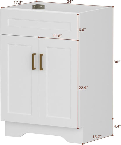 24 Inch Bathroom Vanity, Wooden Double Door Bathroom Storage Cabinet, Freestanding Cabinet Vanity Without Sink (White Without Sink, 24")