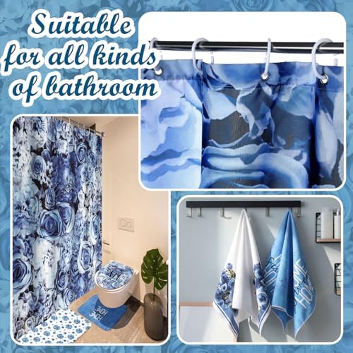 Honoson 8 Pcs Blue Floral Shower Curtain Bathroom Set with Rugs