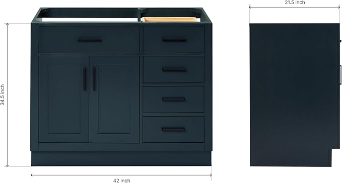 ARIEL Hepburn 42-inch Bathroom Vanity Base Cabinet,Solid Wood, 2 Soft Closing Doors, 5 Dovetail Drawers, Midnight Blue