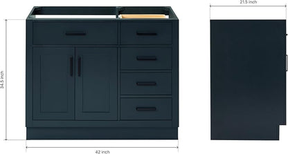 ARIEL Hepburn 42-inch Bathroom Vanity Base Cabinet,Solid Wood, 2 Soft Closing Doors, 5 Dovetail Drawers, Midnight Blue