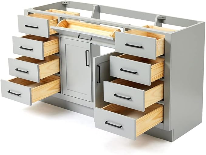 ARIEL Hepburn 60-inch Bathroom Vanity Base Cabinet,Solid Wood, 2 Soft Closing Doors, 9 Dovetail Drawers, Grey