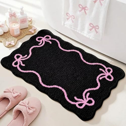 Mocsicka Pink Bow Bath Mat Cute Bow Bathroom Rug Super Soft Absorbent Black Pink Bathroom Rugs Non Slip Bath Mat Machine Washable Rug for Bathrooms 20x32 inches