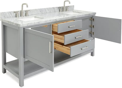 ARIEL Bayhill 72-inch Bathroom Vanity with Sink,Solid Wood, 1.5-inch Italian Carrara Marble Countertop, Double Rectangular Porcelain Sink, 2 Soft Closing Doors, 3 Dovetail Drawers, Grey