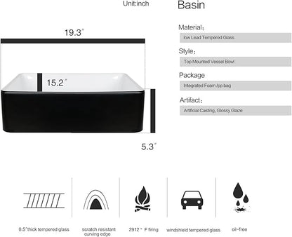 Ceramic Bathroom Sink, Black and White 19" x 15" Above Counter Porcelain Vessel Sink with Black Faucet and Pop up drain Set, Rectangle