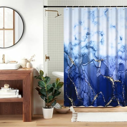 Navy Blue Marble RV Stall Waterproof Shower Curtain 60x72 inches