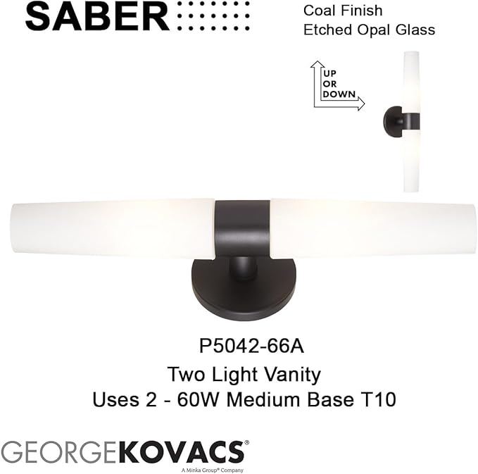 GEORGE KOVACS P5042-66A Saber Wall Sconce, 2-Light, 120 Total Watts, 5-in H x 20.25-in W, Coal Black