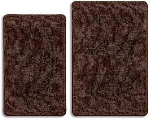 Brown Bathroom Rugs Sets 2 Piece – Absorbent and Washable Bath Mat, Non-Slip, Thick Soft Chenille Bath Rugs for Bathroom Floor, Shower, Sink - 20" x 32"+24" x 36"