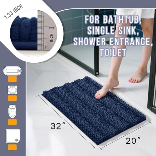 Yimobra Bathroom Rug Mat 32 x 20, Non Slip and Super Absorbent Bath Mat,Machine Washable Quick Dry,Ultra Plush Chenille Shower Rugs for Bathroom Floor Sink Tub and Shower Outside,Navy Blue