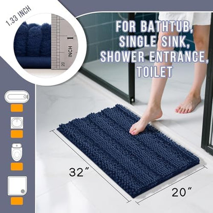 Yimobra Bathroom Rug Mat 32 x 20, Non Slip and Super Absorbent Bath Mat,Machine Washable Quick Dry,Ultra Plush Chenille Shower Rugs for Bathroom Floor Sink Tub and Shower Outside,Navy Blue