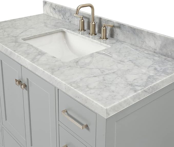 Beckford 48-Inch Bathroom Vanity with Sink — Grey Single Sink Bathroom Vanity, 1.5" Edge Italian Carrara Marble Top, Solid Wood, 2 Soft-Close Doors, 9 Dovetail Drawers