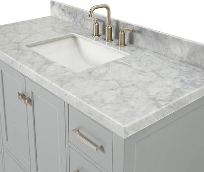 Beckford 48-Inch Bathroom Vanity with Sink — Grey Single Sink Bathroom Vanity, 1.5" Edge Italian Carrara Marble Top, Solid Wood, 2 Soft-Close Doors, 9 Dovetail Drawers