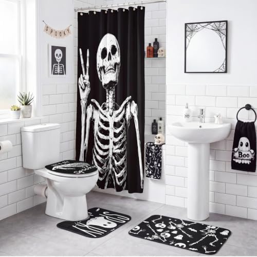 Honoson 8 Pcs Halloween Skeleton Bathroom Shower Curtain Set with Rugs, Skull Bath Decor with Non-Slip Floor Mat, Toilet Lid Cover, Ghost Bat Towels, Spooky Black White Bathroom Decor for Home
