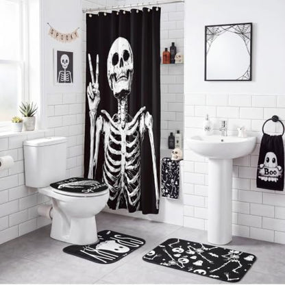 Honoson 8 Pcs Halloween Skeleton Bathroom Shower Curtain Set with Rugs, Skull Bath Decor with Non-Slip Floor Mat, Toilet Lid Cover, Ghost Bat Towels, Spooky Black White Bathroom Decor for Home