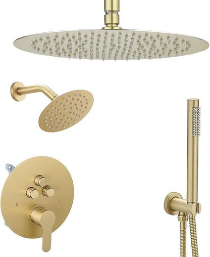 Shower Faucet Set Brushed Gold 10 Inch Round Ceiling Mount Rainfall Shower System with 2 Rain Shower Head and Handheld Head Push Button Diverter Shower Trim Kit and Rough-in Valve Body
