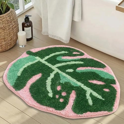 Large Monstera Bath Mat 31.5"X25",Cute Leaf Bathroom Rug,Non Slip Bath Mat