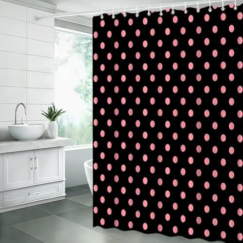 Polka Dot Shower Curtain Pink Spot Black Retro Vintage Fabric Decorative Bathroom Curtains with Hooks,67" Wx70 H