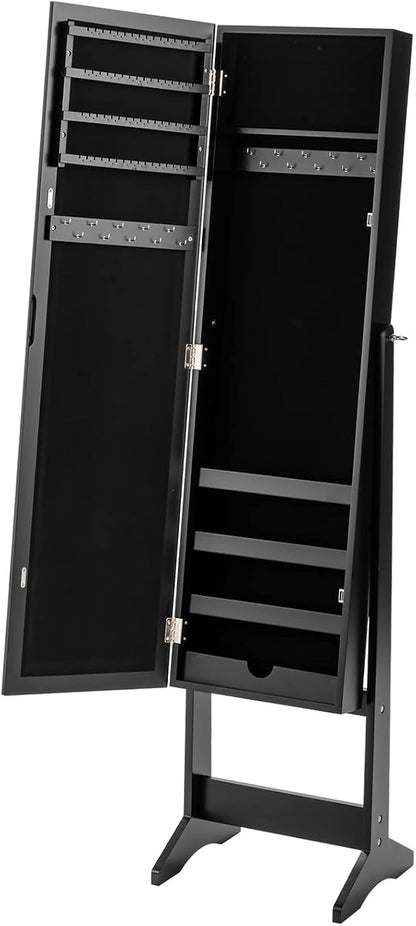 Giantex Jewelry Cabinet with Full-Length Mirror, Standing Jewelry Armoire Organizer with 64 Earring Slots, 72 Ring Slots, 20 Necklace Hooks, 4 Storage Shelves, 3 Angle Adjustable (Black)