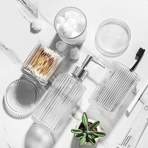 RYTOXILO Bathroom Accessories Set, 4 Pack Clear Glass Bath Accessory Sets Complete, Ribbed Soap Dispenser and Toothbrush Holder Set with 2 Qtip Holders, Modern Sliver Bathroom Counter Decor