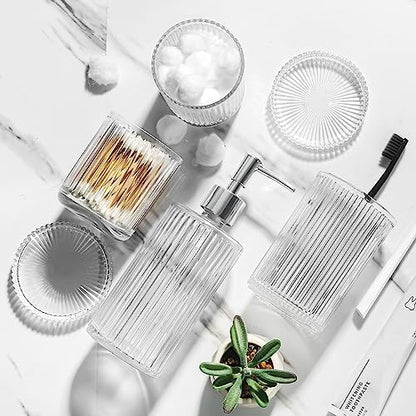 RYTOXILO Bathroom Accessories Set, 4 Pack Clear Glass Bath Accessory Sets Complete, Ribbed Soap Dispenser and Toothbrush Holder Set with 2 Qtip Holders, Modern Sliver Bathroom Counter Decor
