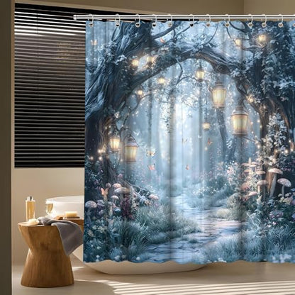 Fantasy Forest Path Shower Curtain Winter Fairy Magical Enchanted Misty Jungle Mushroom Floral Tree Butterfly Lantern Wonderland Bath Curtain Fabric Bathroom Accessories Decor with Hooks 84W x70L