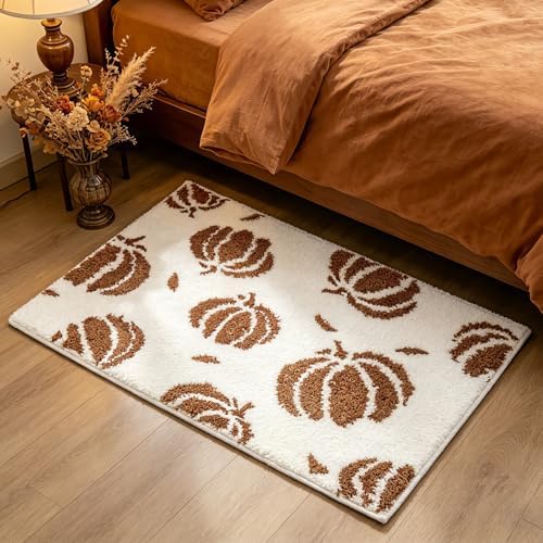 APROPHIC Fall Pumpkin Bath Mats for Bathroom, Thanksgving Super Absorbent Non-Slip Microfiber Shaggy Bath Rugs, Autumn Bathroom Mat for Shower, Tub, Sink, Decor, Machine Washable, 17x24 in, Brown