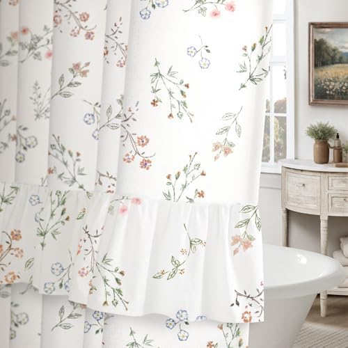 Floral Farmhouse French Country Ruffle Cotton Shower Curtain 72Wx72H