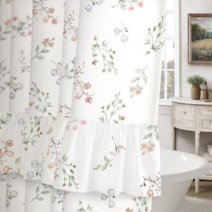 Floral Farmhouse French Country Ruffle Cotton Shower Curtain 72Wx72H