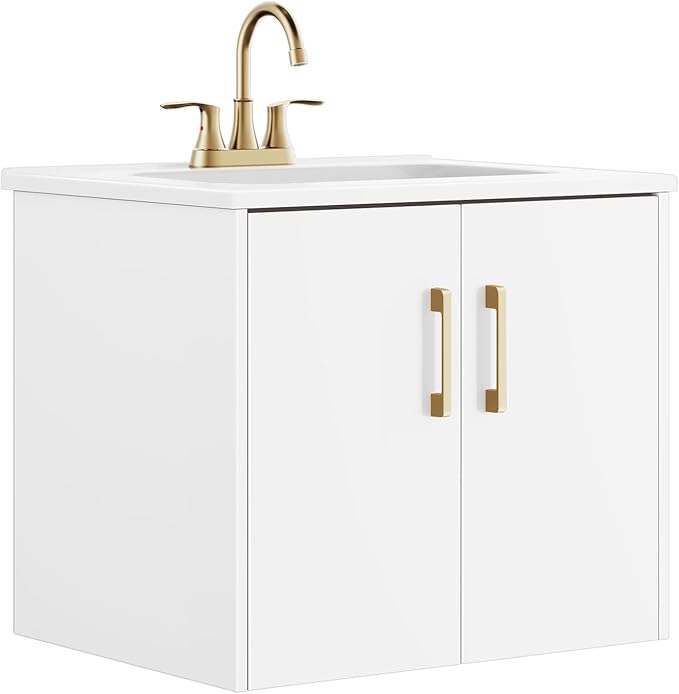 phiestina 24 Inch White Floating Bathroom Vanity, Pre-Assembled Wall-Mounted Cabinet with 2 Soft-Close Doors & 3 Hole Ceramic Sink, No Faucet,BV08-24-WHITE