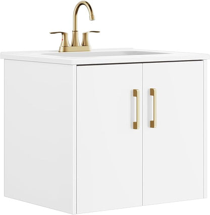 phiestina 24 Inch White Floating Bathroom Vanity, Pre-Assembled Wall-Mounted Cabinet with 2 Soft-Close Doors & 3 Hole Ceramic Sink, No Faucet,BV08-24-WHITE