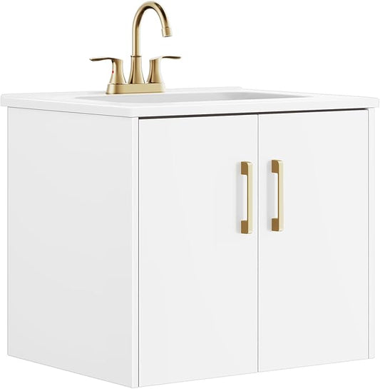 phiestina 24 Inch White Floating Bathroom Vanity, Pre-Assembled Wall-Mounted Cabinet with 2 Soft-Close Doors & 3 Hole Ceramic Sink, No Faucet,BV08-24-WHITE