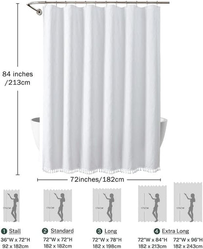OVZME Extra Long White Shower Curtain 84 Inch Long, Puff Printed Textured Shower Curtain with Tassels, Tall Farmhouse Geometry Bathroom Curtain, Water Resistant Fabric, 72Wx84L Inches
