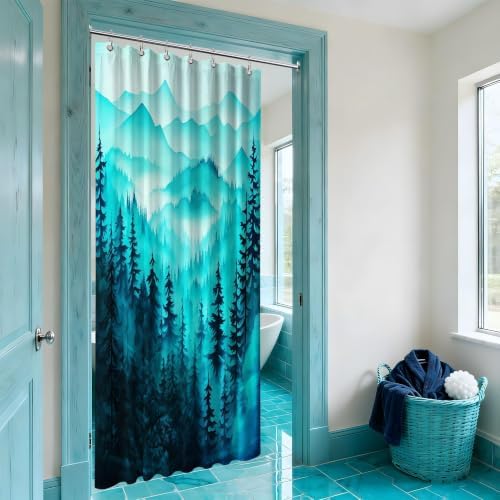 Dark Teal Forest Stall Shower Curtain, 36X72 in Narrow Small, Mountain