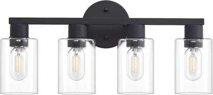 4 Light Bathroom Vanity Light, Matte Black Bathroom Light Fixtures with Clear Glass Shade, 4-Light Vanity Lights, Black Lighting Fixtures for Bath Mirror Bedroom Living Room Hallway Porch