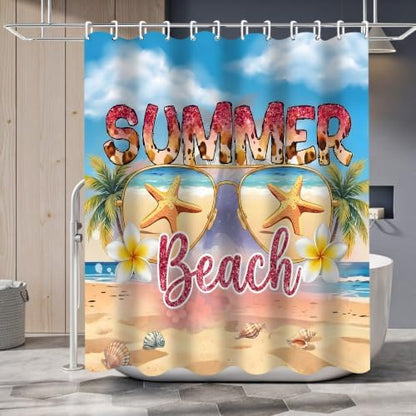 LQCOOL Beach Scene Shower Curtain Set 4Pcs Summery Bathroom Sets with Rugs Waterproof Shower Curtain with 12 Hooks for Bathroom Decor