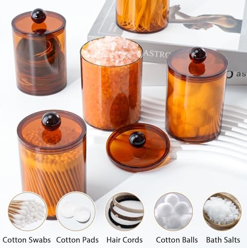 4 Pcs Acrylic Qtip Holder, Cotton Ball Holder Jars with Lids, Brown