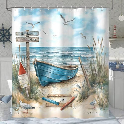 Nautical Coastal Shower Curtain for Bathroom, Ocean Beach Decor Bath Curtains, Blue Teal Seasides Sailboat Shower Curtain Set with Hook 72X72IN