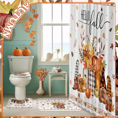 FuWeave 8 Pcs Fall Shower Curtain Set for Bathroom Decor