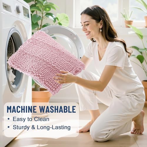 Grandaily Chenille Striped Bathroom Rugs 44x24, Extra Thick and Soft Absorbent Bath Mats, Rubber Backing, Plush Shaggy Shower Carpet, Machine Wash Dry, Bath Rug for Bathroom, Dusty Rose