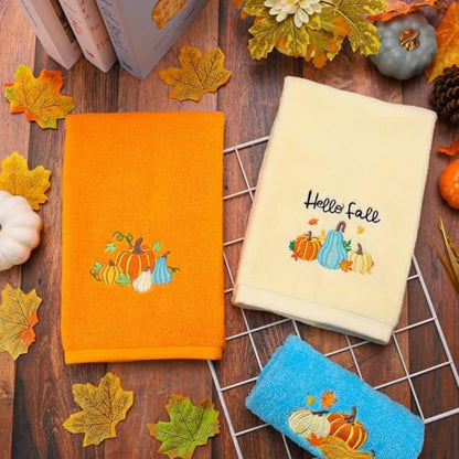 JarThenaAMCS 3Pcs Fall Pumpkin Hand Towels Cotton Embroidered Bathroom Towel Orange Blue Pumpkin Absorbent Dish Towel for Autumn Thanksgiving Drying Cleaning Cooking Gift Kitchen, 29.5 x 13.7 Inch