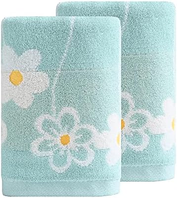 YiLUOMO Green Hand Towel Set of 2 Flower Pattern Highly Absorbent Quick Dry 100% Cotton Hand Towels for Bathroom, Hotels, Travel, Spa 13" X 29"